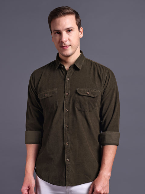 Men Olive Green Corduroy Shirt