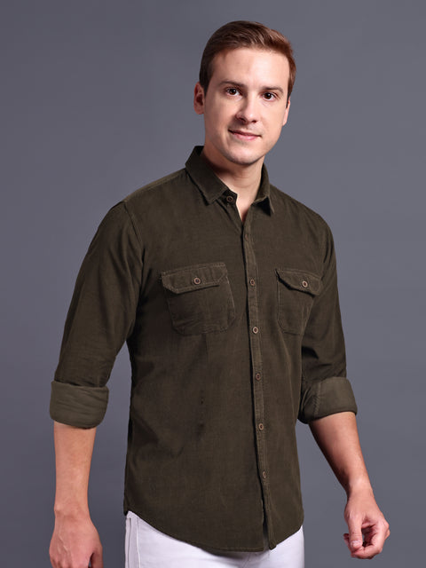 Men Olive Green Corduroy Shirt
