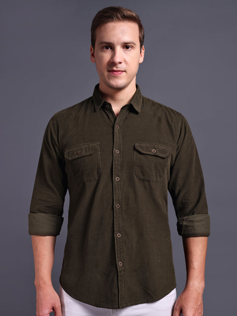 Men Olive Green Corduroy Shirt