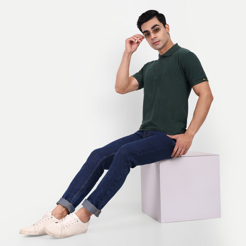 Men's Bottle Green Polo Collar T-shirt