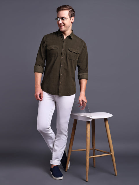Men Olive Green Corduroy Shirt
