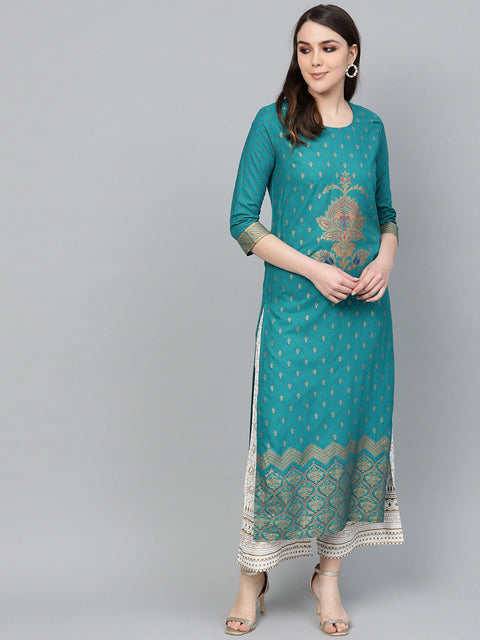 Women Teal Blue Printed Kurta Set (ANK005)