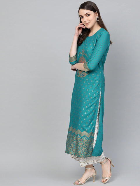 Women Teal Blue Printed Kurta Set (ANK005)
