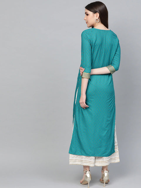 Women Teal Blue Printed Kurta Set (ANK005)