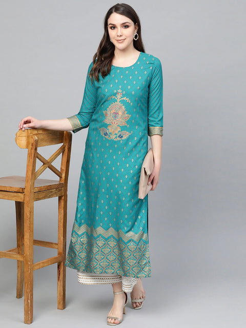 Women Teal Blue Printed Kurta Set (ANK005)