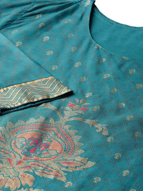 Women Teal Blue Printed Kurta Set (ANK005)