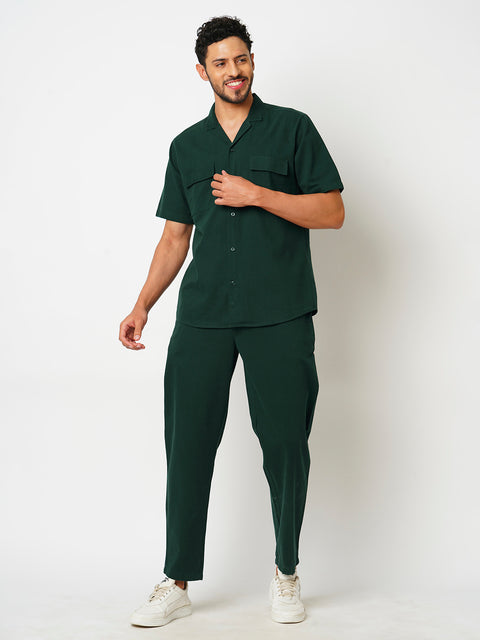 Men Bottle Green Solid Co-ord Set