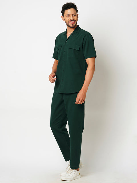 Men Bottle Green Solid Co-ord Set