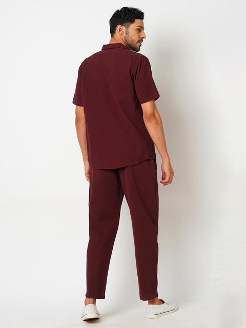 Men Maroon Solid Co-ord Set