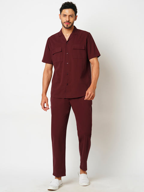 Men Maroon Solid Co-ord Set