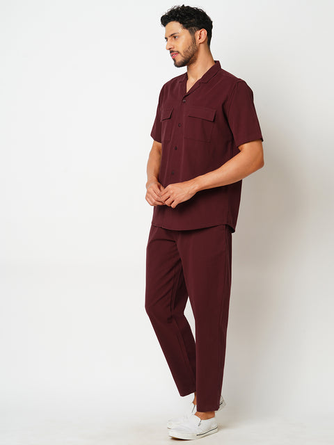 Men Maroon Solid Co-ord Set