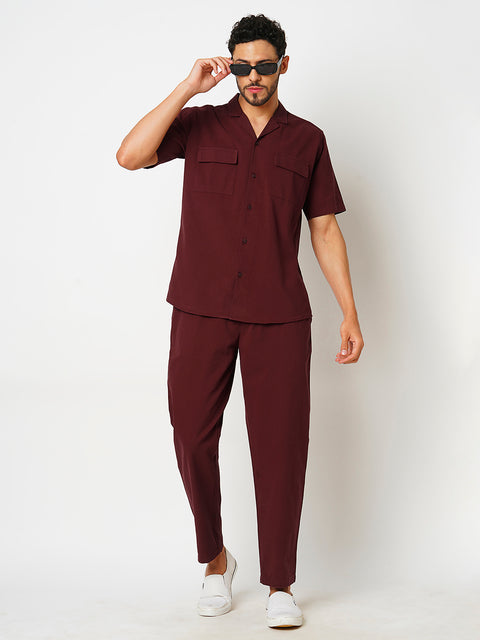 Men Maroon Solid Co-ord Set