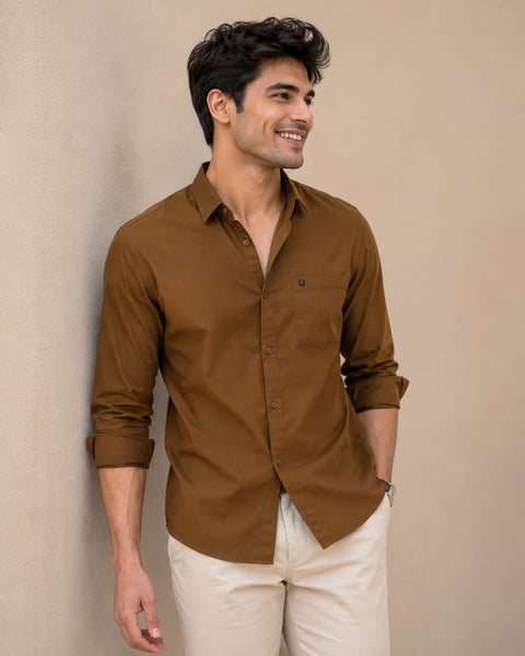 Men Brown Solid Cotton Shirt