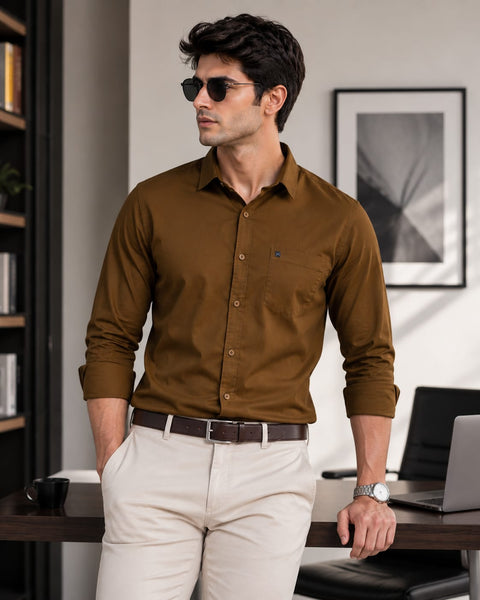 Men Brown Solid Cotton Shirt
