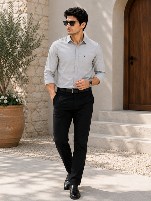 Men Light Grey Solid Cotton Shirt