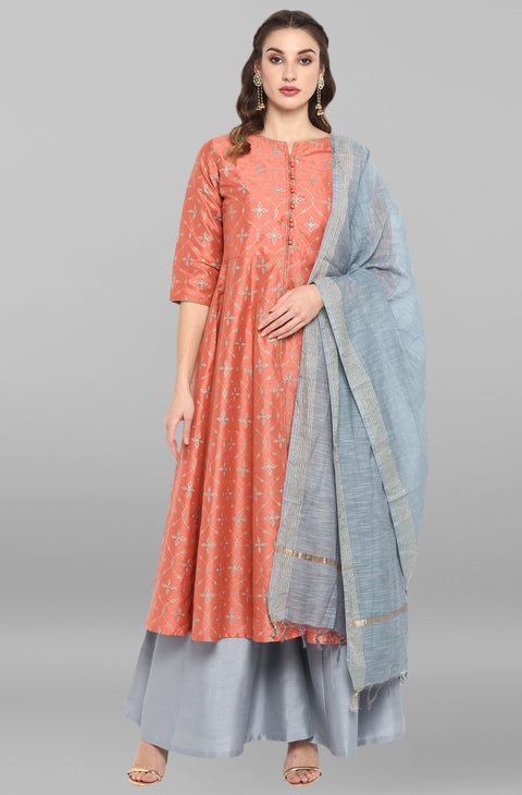 Women Pink & Grey Floral Print Anarkali Kurta Set (J0002)
