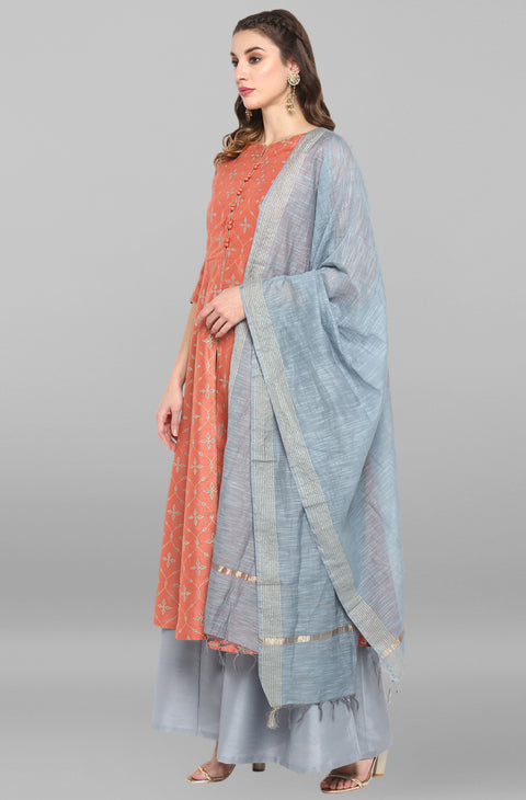 Women Pink & Grey Floral Print Anarkali Kurta Set (J0002)