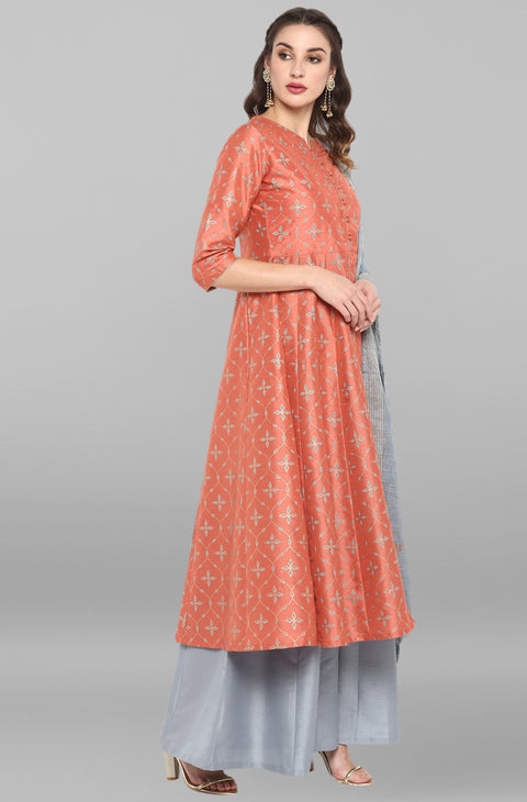 Women Pink & Grey Floral Print Anarkali Kurta Set (J0002)