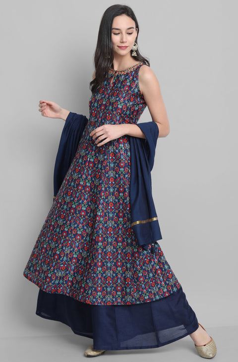 Women Blue & Red Printed Kurta Set (J0230)