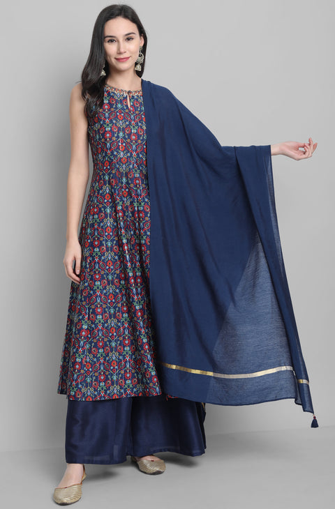 Women Blue & Red Printed Kurta Set (J0230)