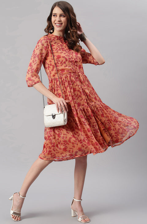 Orange Floral Georgette A-Line Dress (J0335-DR)