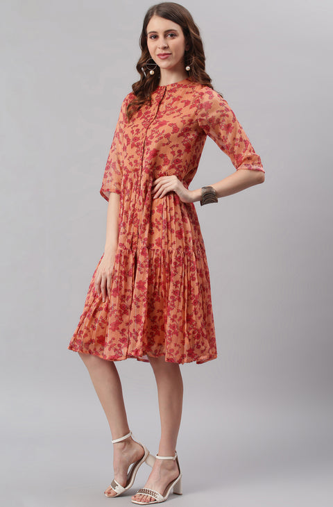 Orange Floral Georgette A-Line Dress (J0335-DR)
