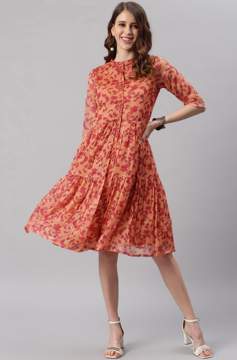 Orange Floral Georgette A-Line Dress (J0335-DR)