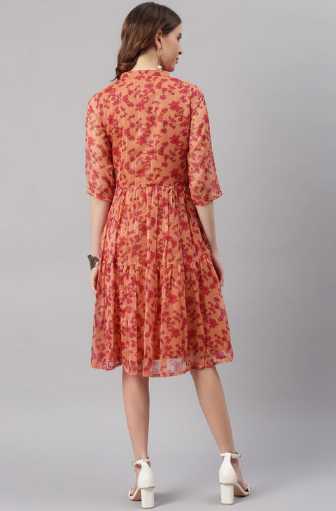 Orange Floral Georgette A-Line Dress (J0335-DR)