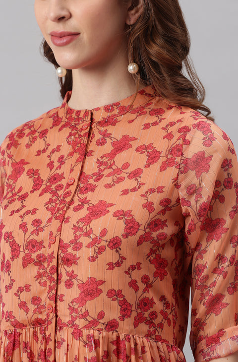 Orange Floral Georgette A-Line Dress (J0335-DR)