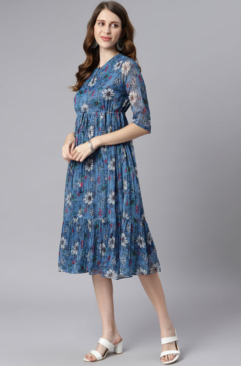 Floral Printed Gathered Georgette Fit & Flare Dress (J0341-DR)