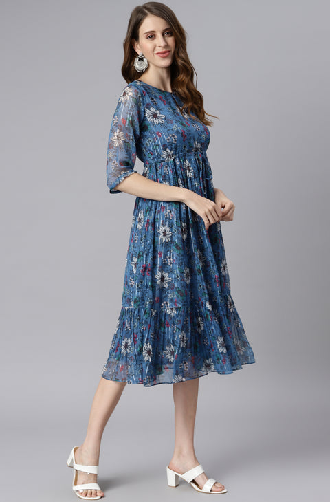 Floral Printed Gathered Georgette Fit & Flare Dress (J0341-DR)