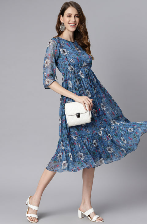 Floral Printed Gathered Georgette Fit & Flare Dress (J0341-DR)
