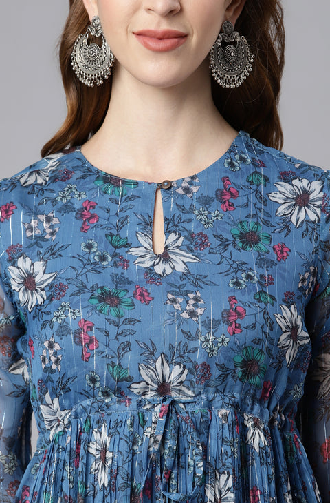 Floral Printed Gathered Georgette Fit & Flare Dress (J0341-DR)