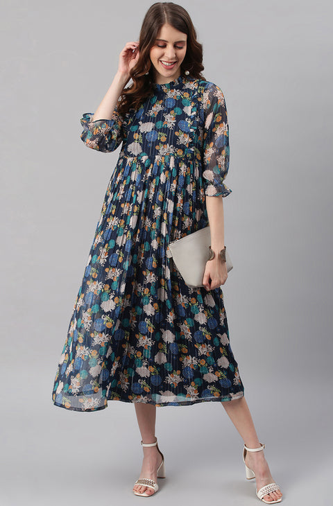 Navy Blue Ethnic Motifs Georgette Empire Midi Dress (J0343-DR)