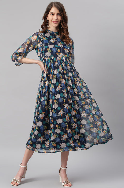 Navy Blue Ethnic Motifs Georgette Empire Midi Dress (J0343-DR)