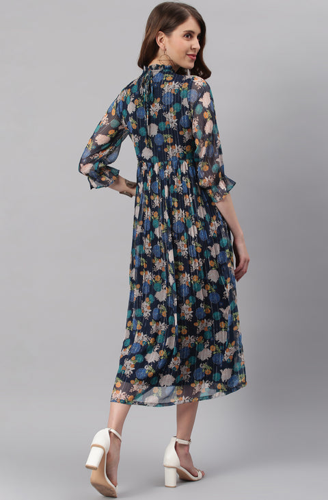 Navy Blue Ethnic Motifs Georgette Empire Midi Dress (J0343-DR)