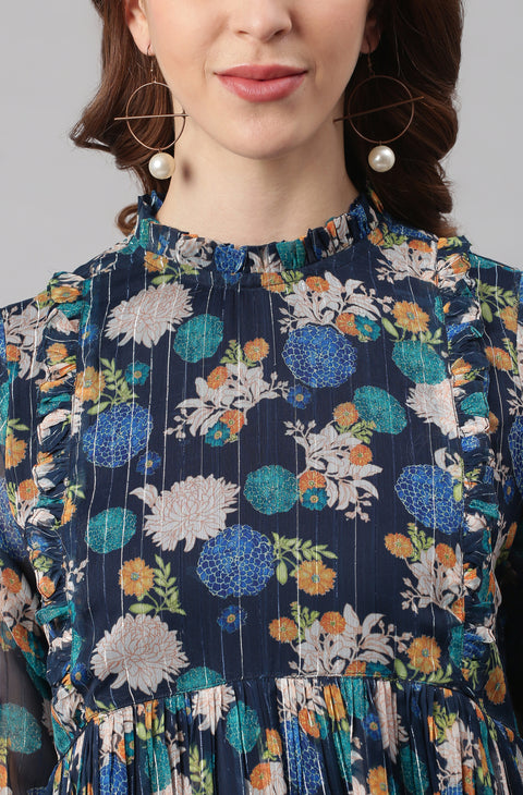Navy Blue Ethnic Motifs Georgette Empire Midi Dress (J0343-DR)