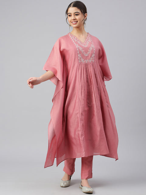 Women Rose Neck Embroidered Empire  Kurta Set (J0426)