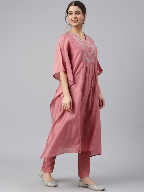 Women Rose Neck Embroidered Empire  Kurta Set (J0426)