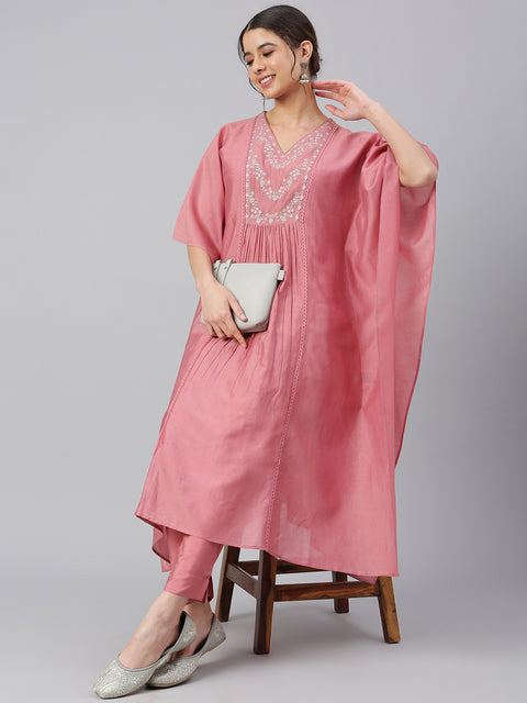 Women Rose Neck Embroidered Empire  Kurta Set (J0426)