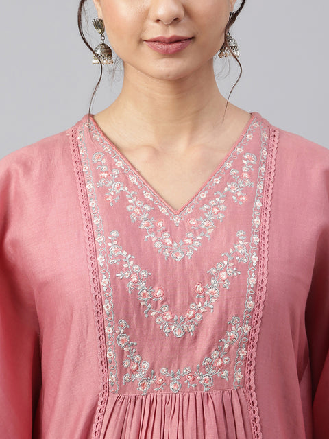 Women Rose Neck Embroidered Empire  Kurta Set (J0426)