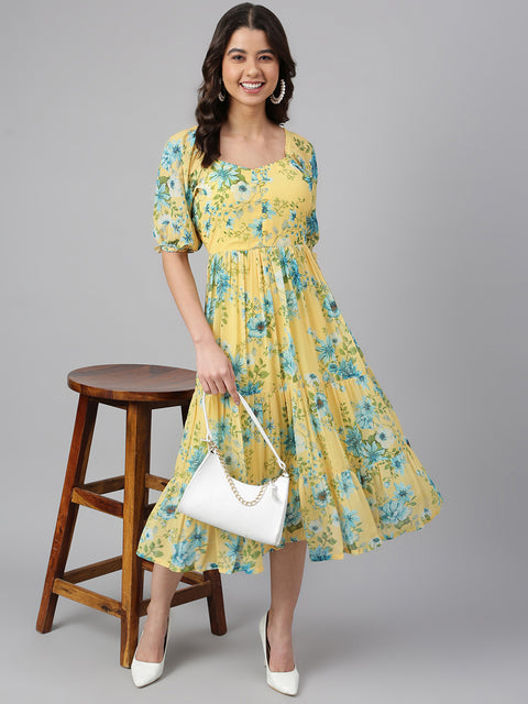 Women Yellow Georgette Floral Print Flared Western Dress (J0433-DR)
