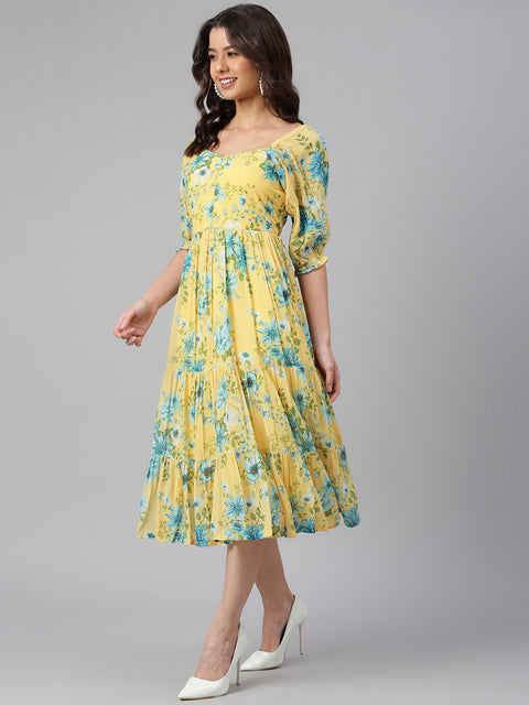 Women Yellow Georgette Floral Print Flared Western Dress (J0433-DR)