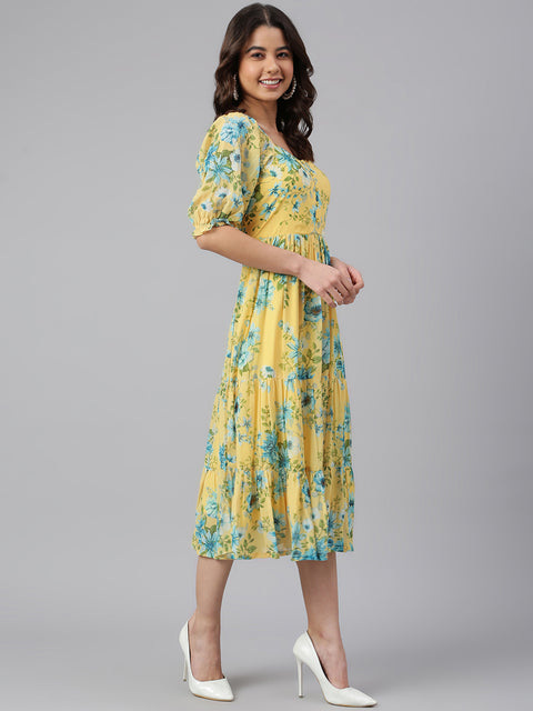 Women Yellow Georgette Floral Print Flared Western Dress (J0433-DR)