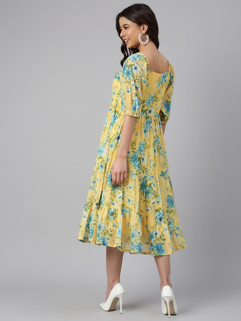 Women Yellow Georgette Floral Print Flared Western Dress (J0433-DR)