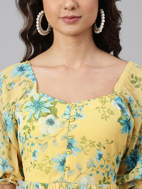 Women Yellow Georgette Floral Print Flared Western Dress (J0433-DR)