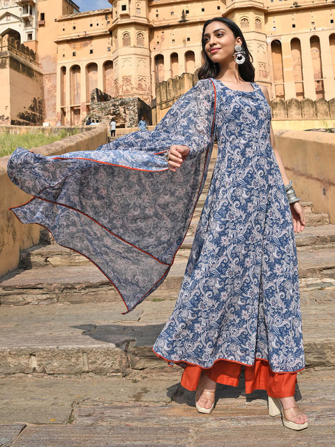 Women Blue Georgette Floral Print Kurta with Flared Palazzo and Dupatta (J0448-KR-PP)