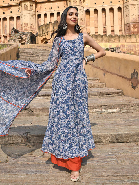 Women Blue Georgette Floral Print Kurta with Flared Palazzo and Dupatta (J0448-KR-PP)