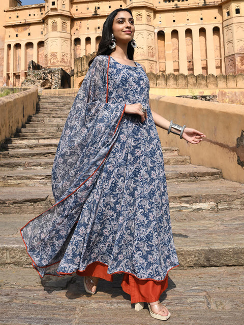 Women Blue Georgette Floral Print Kurta with Flared Palazzo and Dupatta (J0448-KR-PP)