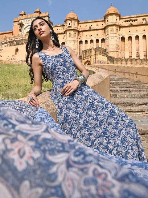 Women Blue Georgette Floral Print Kurta with Flared Palazzo and Dupatta (J0448-KR-PP)